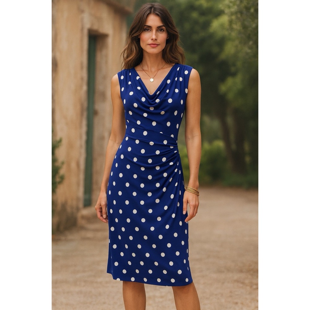 Ralph Lauren Women's Navy Polka Dot Cowl Neck Ruched Dress Vintage Classic Sz 18
